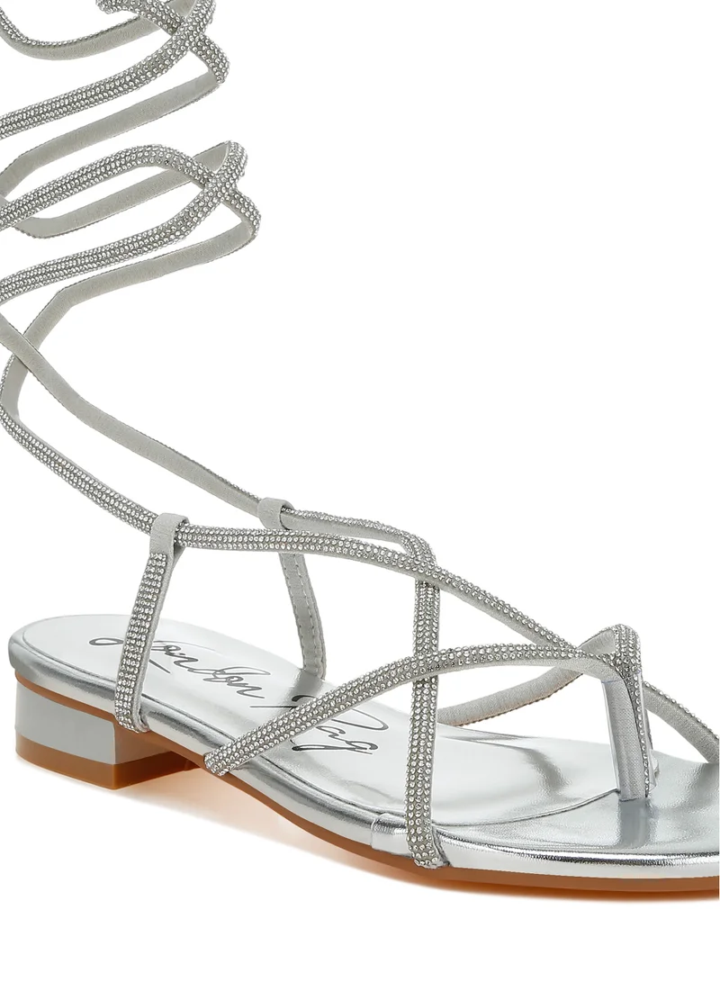 London Rag Rhinestone Embellished Lace-Up Sandals in Silver
