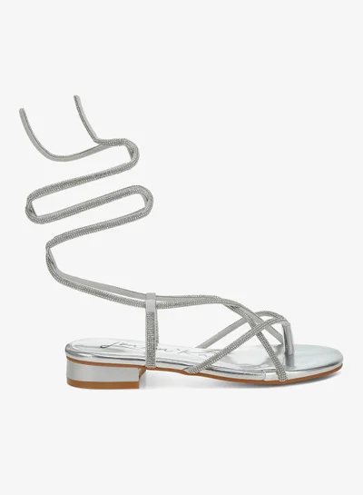 London Rag Rhinestone Embellished Lace-Up Sandals in Silver