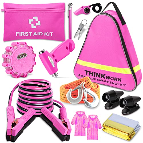THINKWORK Car Emergency Kit for Teen Girls and Lady's Gifts, Pink Emergency Roadside Assistance Kit with 10FT Jumper, First Aid Kit, LED Flare, Deer Whistles, and More Ideal Pink Accessories Tool - Image 1
