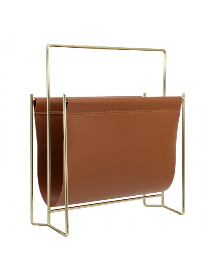 MyGift MyGift 13 inch Modern Caramel Leatherette Magazine Holder Floor Standing Sling Style Rack with Brass Tone Metal Frame  - Image 4