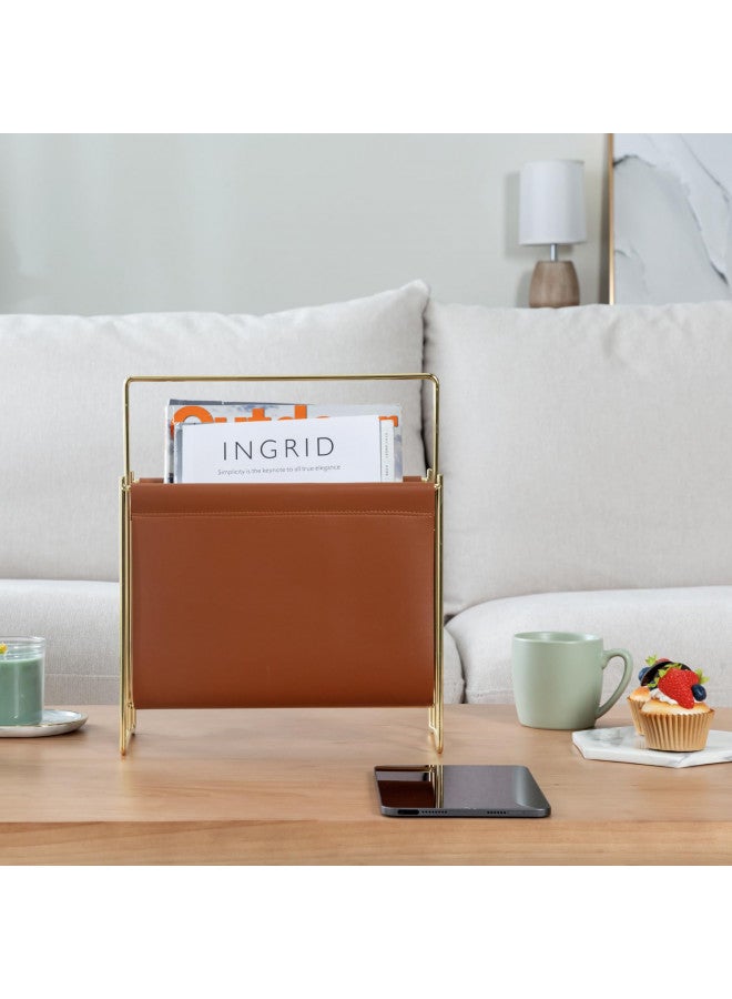 MyGift MyGift 13 inch Modern Caramel Leatherette Magazine Holder Floor Standing Sling Style Rack with Brass Tone Metal Frame  - Image 3