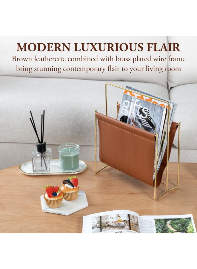 MyGift MyGift 13 inch Modern Caramel Leatherette Magazine Holder Floor Standing Sling Style Rack with Brass Tone Metal Frame  - Image 2