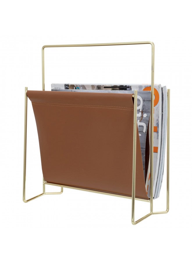 MyGift MyGift 13 inch Modern Caramel Leatherette Magazine Holder Floor Standing Sling Style Rack with Brass Tone Metal Frame  - Image 1