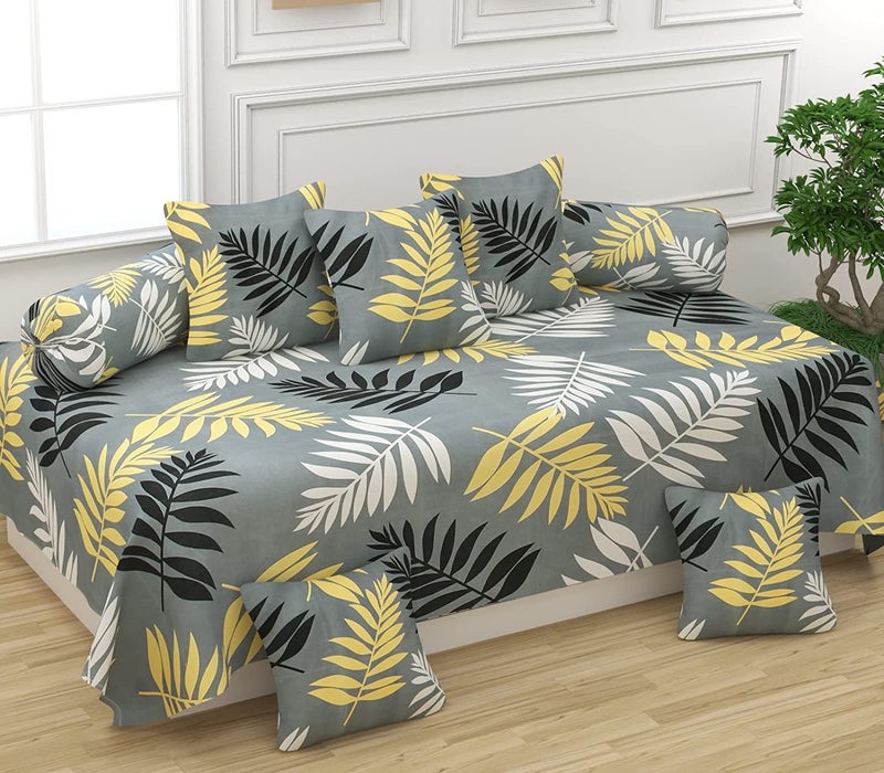 SpangleHomes XL 100% Glace Cotton Diwan Set Soft Cotton, 1 (60 X 90 Inches) Bedsheet,5 (16x 16 inches) Cushion Covers and 2 Booster Covers (8 PCS Set) - Grey Leaves - Image 1