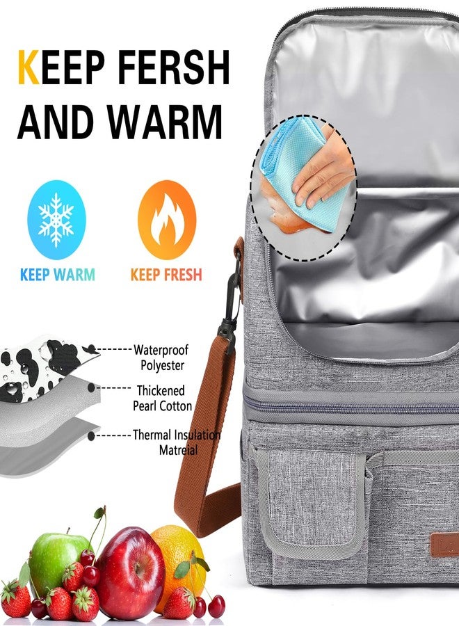 LOKASS Lunch Box for Women-Double Deck Insulated Adults Lunch Bag with Removable Shoulder Strap- Cute Wide Open Lunch Tote for Work/Office/Picnic/Beach/Travel (Gray) - Image 3