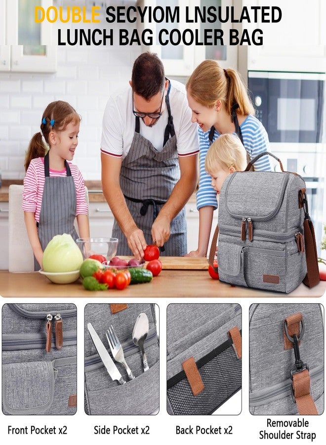LOKASS Lunch Box for Women-Double Deck Insulated Adults Lunch Bag with Removable Shoulder Strap- Cute Wide Open Lunch Tote for Work/Office/Picnic/Beach/Travel (Gray) - Image 4