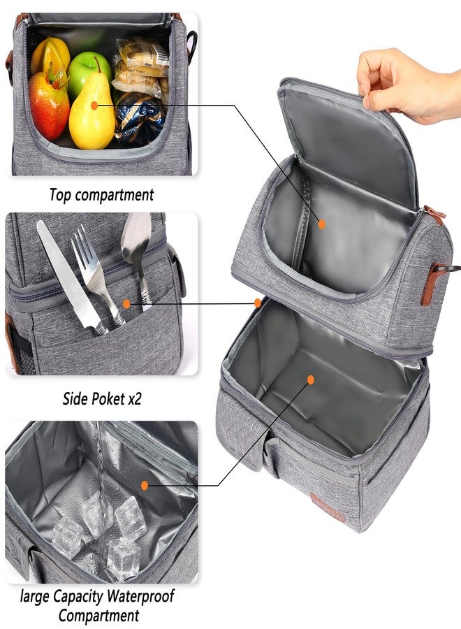 LOKASS Lunch Box for Women-Double Deck Insulated Adults Lunch Bag with Removable Shoulder Strap- Cute Wide Open Lunch Tote for Work/Office/Picnic/Beach/Travel (Gray) - Image 2