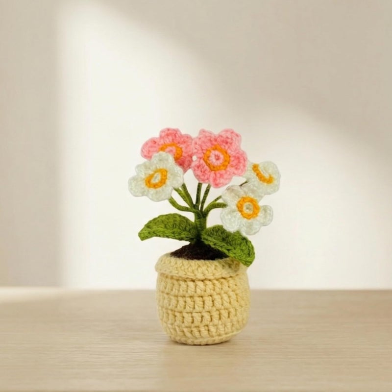 Dekorly Handmade Crochet Daisy Flower Plant with Pot Artificial Floral Decor for Home Office Desk Table Shelf Gifting - 5.5 Inches (Crochet 7 Mini Daisy Pink&White) - Image 1