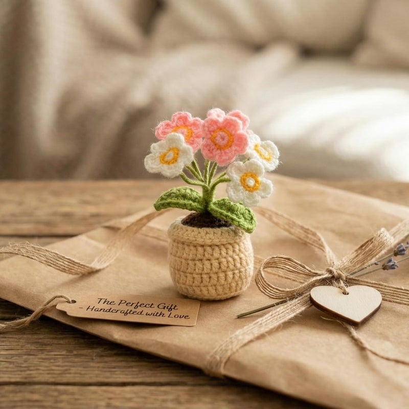 Dekorly Handmade Crochet Daisy Flower Plant with Pot Artificial Floral Decor for Home Office Desk Table Shelf Gifting - 5.5 Inches (Crochet 7 Mini Daisy Pink&White) - Image 4