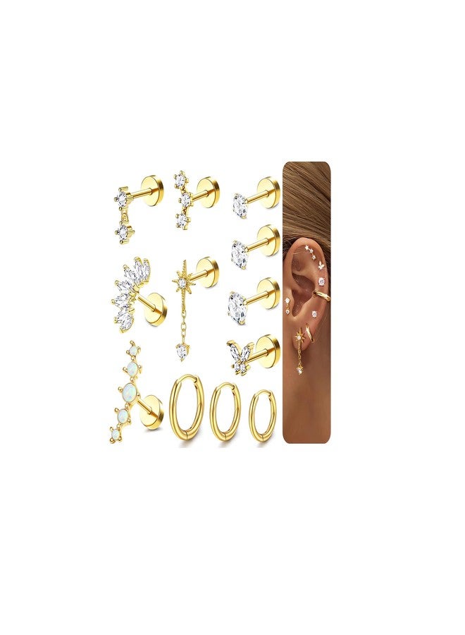 Incaton 20G Cartilage Piercing Jewelry Flat back Helix Earrings for Women Hypoallergenic Surgical Steel Gold Cartilage Hoop Earring Set Daith Tragus Conch Flat Back Stud Earrings Gold - Image 1