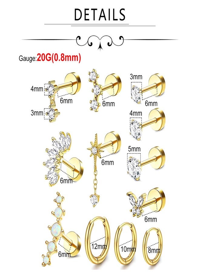Incaton 20G Cartilage Piercing Jewelry Flat back Helix Earrings for Women Hypoallergenic Surgical Steel Gold Cartilage Hoop Earring Set Daith Tragus Conch Flat Back Stud Earrings Gold - Image 3