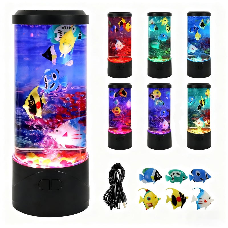 Toycol مصباح سمكة فقاعة تويكول، مصباح حوض سمك صناعي مع تغيير 7 ألوان، ضوء أنبوب فقاعة حسّي مع 6 أسماك مزيفة تتحرك، ضوء ليلي مزاجي، هدية رائعة للأطفال والبالغين، ديكور للمكتب المنزلي وغرفة النوم - Image 1