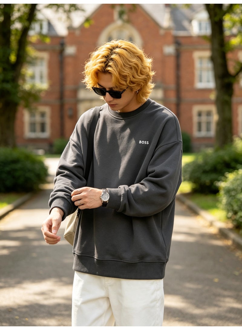 BOSS Men’s and Women’s Crew Neck Sweatshirt Casual Long Sleeve Top Dark Grey - Image 3