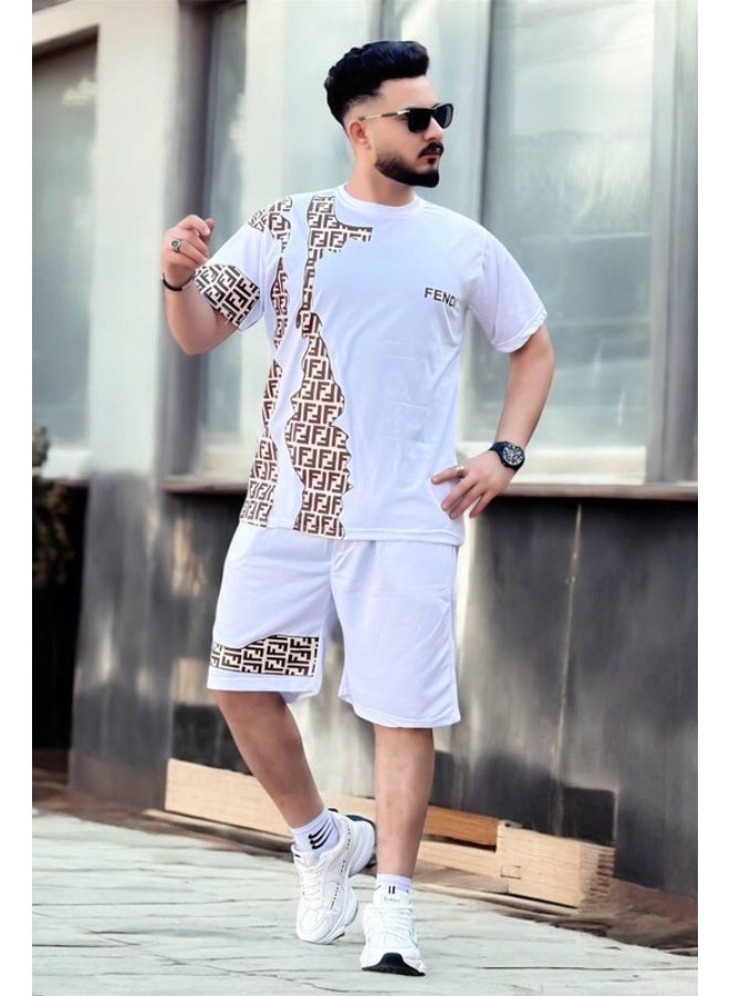 طقم شورت رجالي أبيض بنقشة مونوغرام