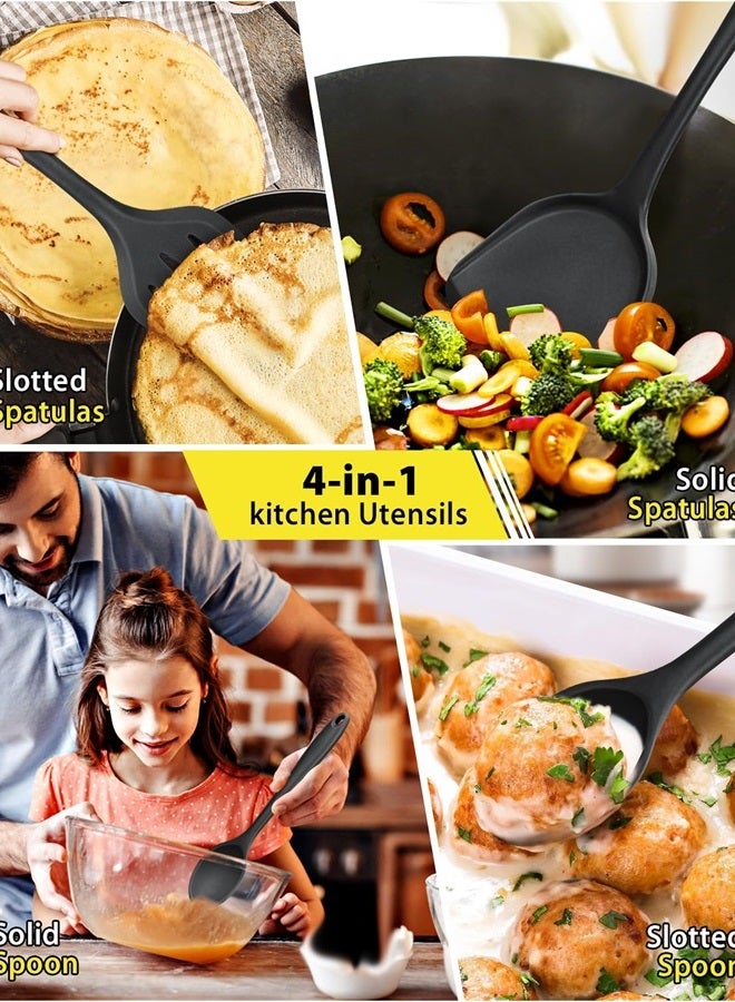 4 Pcs Silicone Kitchen Utensils Set, Wok Spatulas-Slotted Turner-Cooking Spoon-Slotted Spoon, Nonstick BPA Free High Heat Resistant Cooking Utensils for Frying, Mixing, Serving, Draining, Stirring
