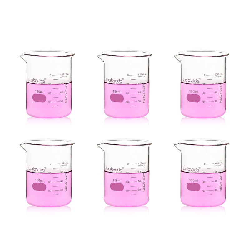 Labvida 6pcs 150ml Upgrated Thick Glass Beakers, Griffin Low Form Beaker Set with Doube Scale, 3.3 Boro, LVA006 - Image 1