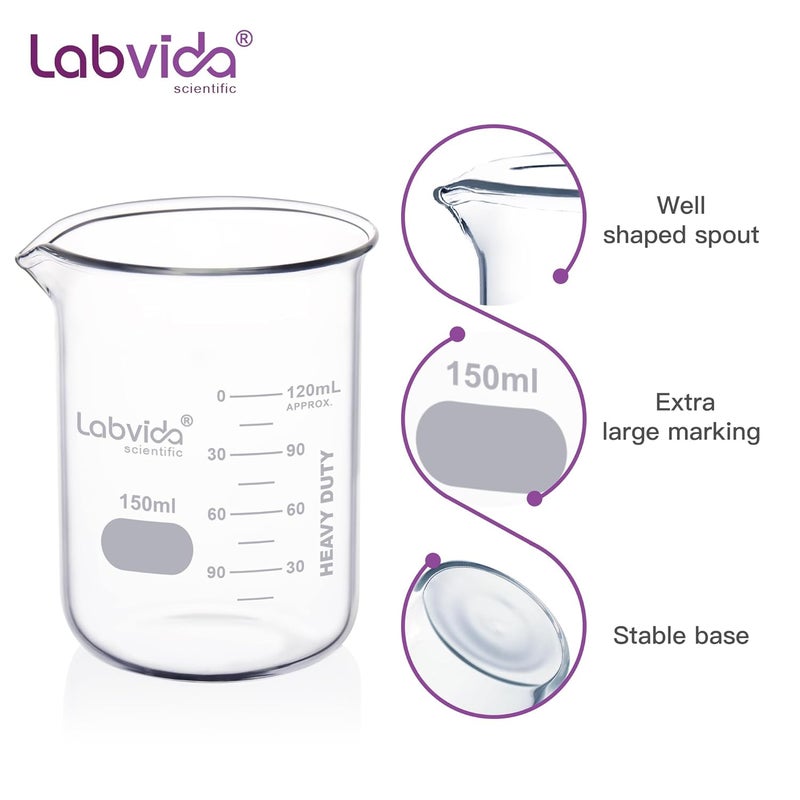 Labvida 6pcs 150ml Upgrated Thick Glass Beakers, Griffin Low Form Beaker Set with Doube Scale, 3.3 Boro, LVA006 - Image 2