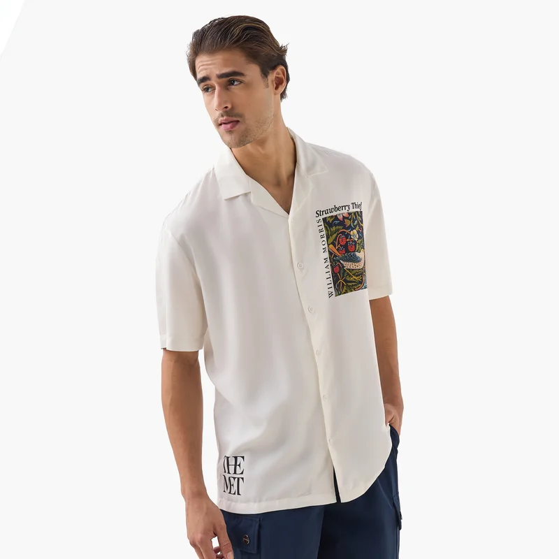 اس بي كاركترز William Morris Strawberry Thief Print Relaxed Fit Shirt with Camp Collar