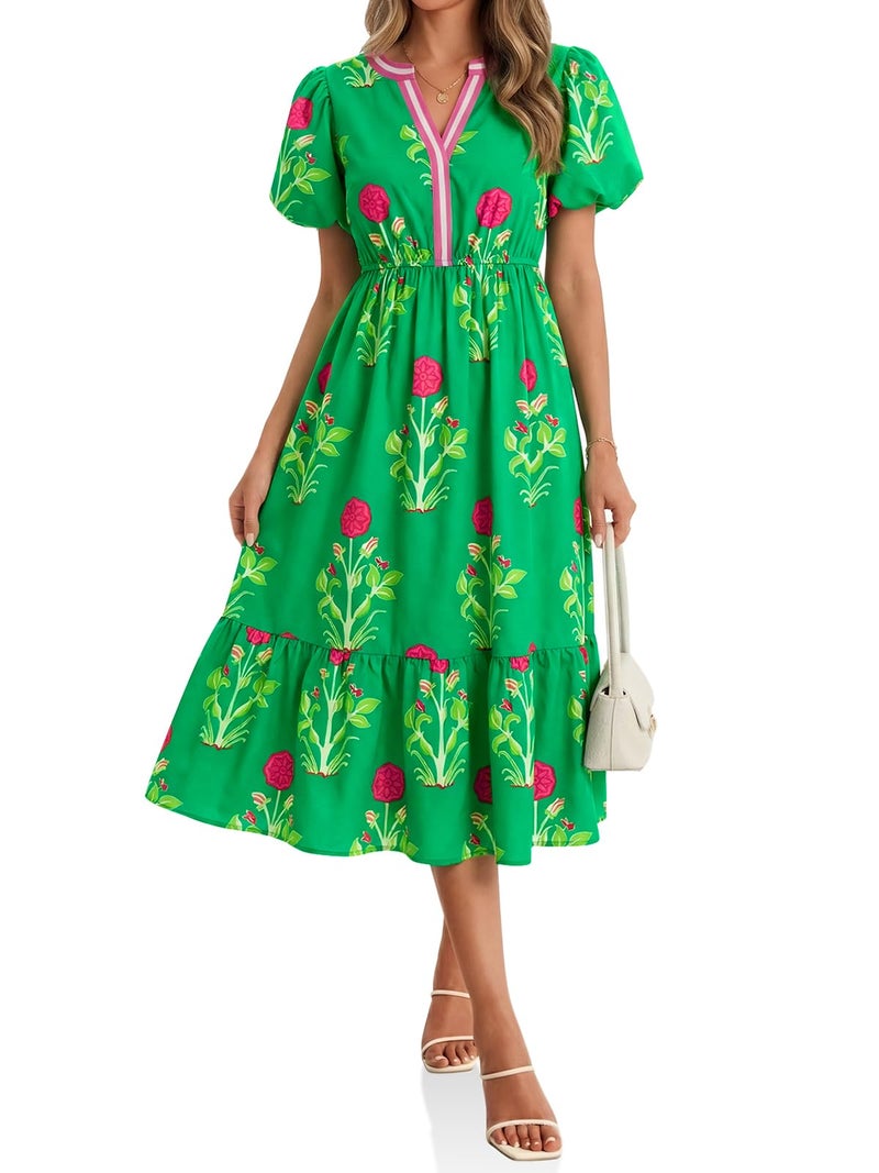 Cicy Bell Womens Summer Floral Print Maxi Dress A Line Puff Short Sleeve V Neck Boho Dresses Flowy Beach Vacation Outfits - Image 1