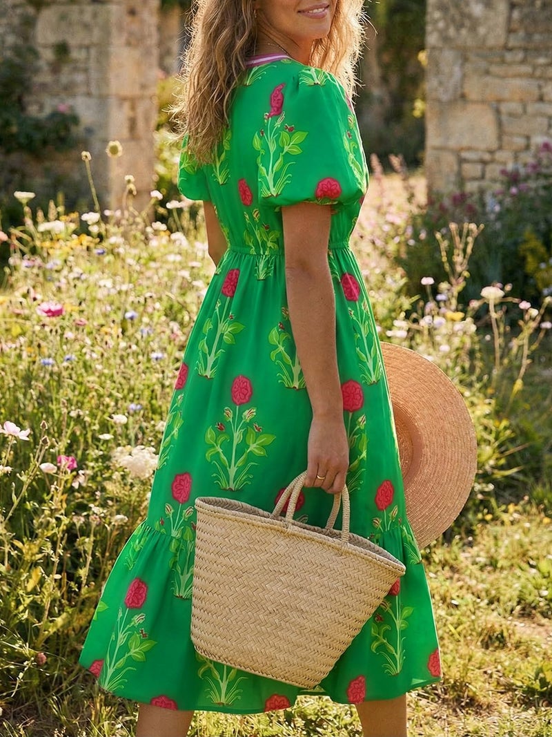 Cicy Bell Womens Summer Floral Print Maxi Dress A Line Puff Short Sleeve V Neck Boho Dresses Flowy Beach Vacation Outfits - Image 3