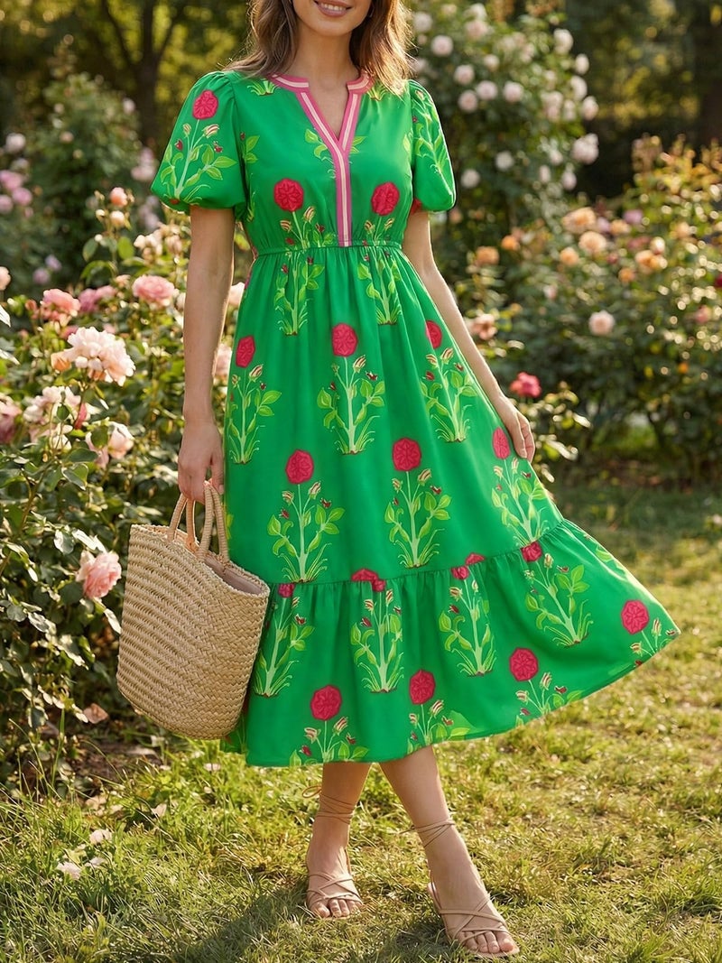Cicy Bell Womens Summer Floral Print Maxi Dress A Line Puff Short Sleeve V Neck Boho Dresses Flowy Beach Vacation Outfits - Image 4