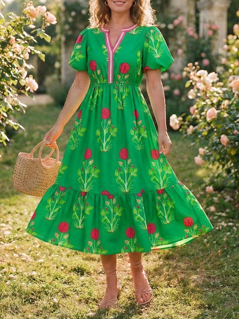 Cicy Bell Womens Summer Floral Print Maxi Dress A Line Puff Short Sleeve V Neck Boho Dresses Flowy Beach Vacation Outfits - Image 2