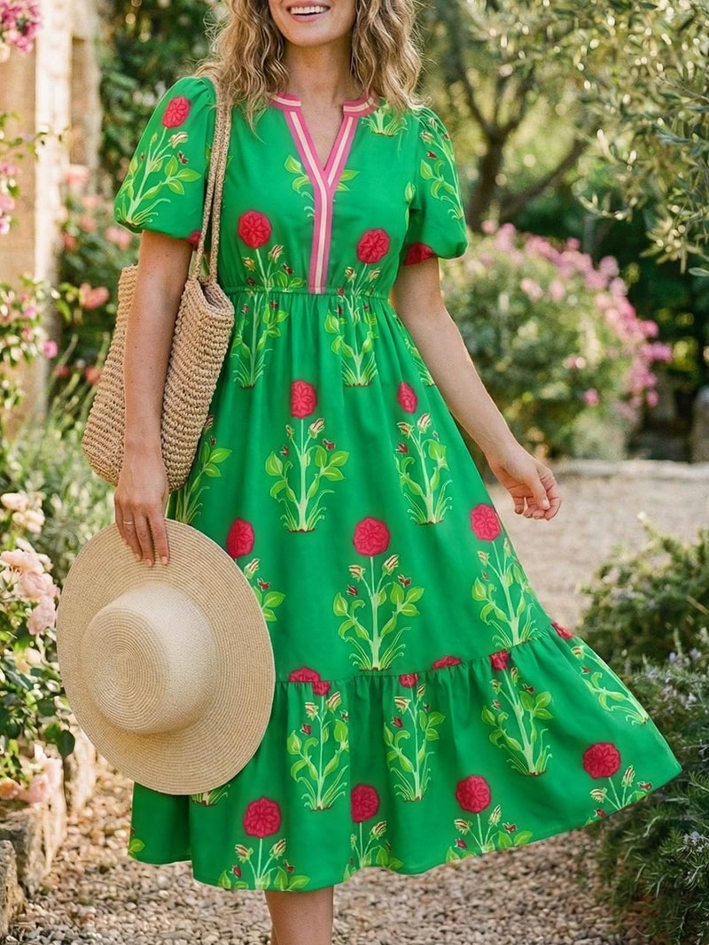 Cicy Bell Womens Summer Floral Print Maxi Dress A Line Puff Short Sleeve V Neck Boho Dresses Flowy Beach Vacation Outfits - Image 5