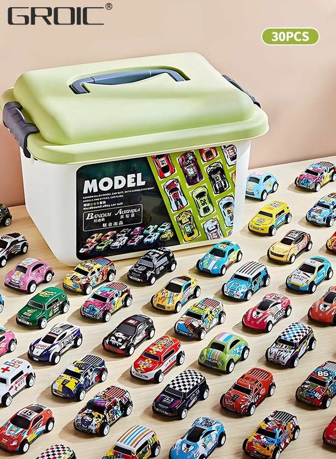GROIC 30 Pack Pull Back Toy Cars with Storage Box, Back to Force Toy Cars, Alloy Cast Mini Die-Cast Race Cars Vehicles Bulk, Party Favor Cars Toys, Best Gifts for Toddlers - Image 1
