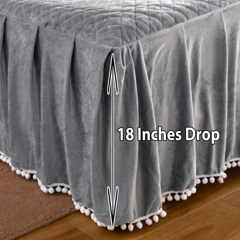 LIFEREVO Luxury Pom Poms Velvet Bed Skirt, Velvet Wrap Around Bed Skirt, Diamond Quilted Fitted Bed Sheet with Bedskirt, 18 Inch Drop Dust Ruffle Decorative Bedspread Pompoms Fringe(Full/Queen, Gray) - Image 3