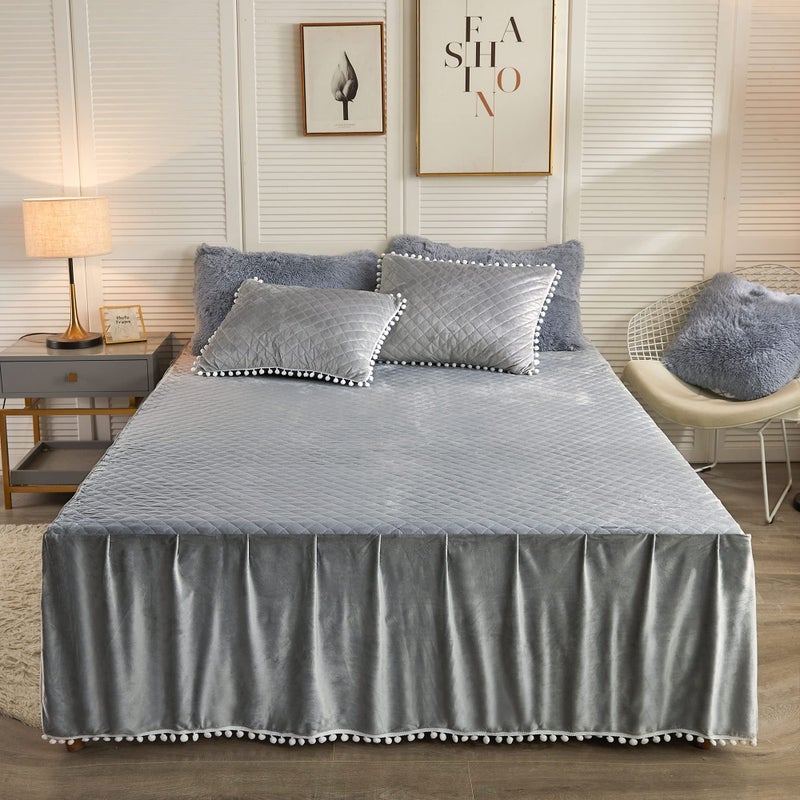 LIFEREVO Luxury Pom Poms Velvet Bed Skirt, Velvet Wrap Around Bed Skirt, Diamond Quilted Fitted Bed Sheet with Bedskirt, 18 Inch Drop Dust Ruffle Decorative Bedspread Pompoms Fringe(Full/Queen, Gray) - Image 1
