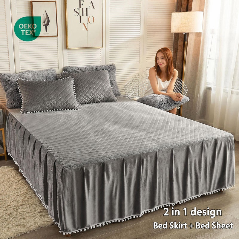 LIFEREVO Luxury Pom Poms Velvet Bed Skirt, Velvet Wrap Around Bed Skirt, Diamond Quilted Fitted Bed Sheet with Bedskirt, 18 Inch Drop Dust Ruffle Decorative Bedspread Pompoms Fringe(Full/Queen, Gray) - Image 2