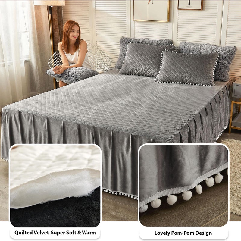 LIFEREVO Luxury Pom Poms Velvet Bed Skirt, Velvet Wrap Around Bed Skirt, Diamond Quilted Fitted Bed Sheet with Bedskirt, 18 Inch Drop Dust Ruffle Decorative Bedspread Pompoms Fringe(Full/Queen, Gray) - Image 4