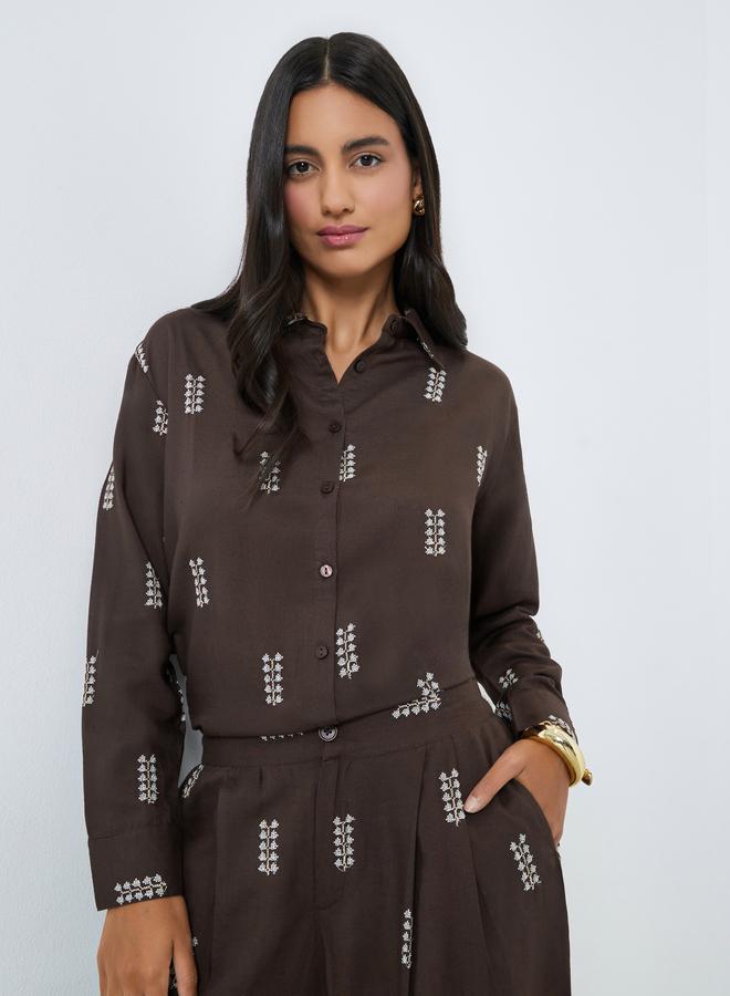 Styli Brown Embroidered Long Sleeve Shirt - Image 1