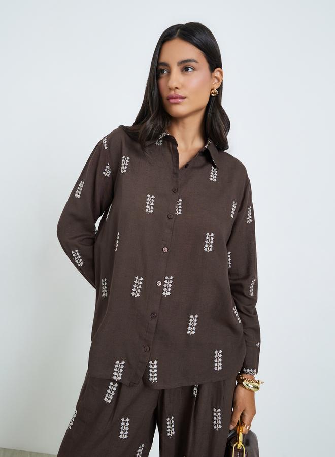 Styli Brown Embroidered Long Sleeve Shirt - Image 4