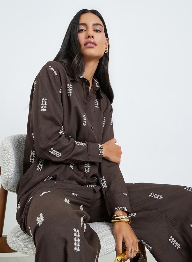 Styli Brown Embroidered Long Sleeve Shirt - Image 3