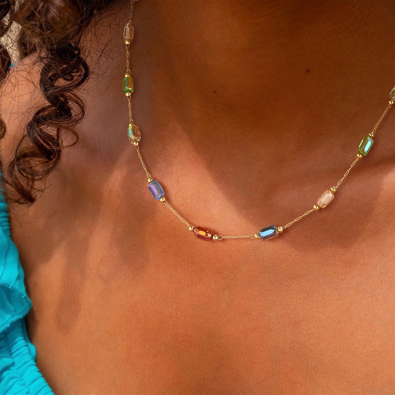 MTMY Beaded Necklaces for Women 14K Gold Plated Dainty Colorful Green/Rose Beaded Pearl Choker Necklace Delicate Boho Choker Necklace Jewelry Gift (mixed color cuboid) - Image 2