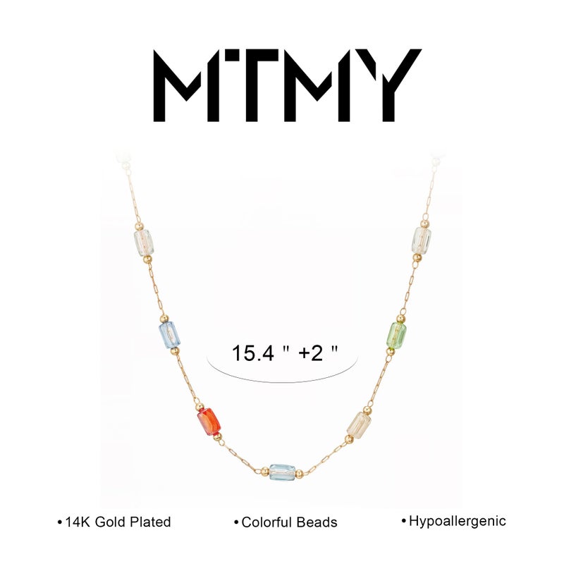 MTMY Beaded Necklaces for Women 14K Gold Plated Dainty Colorful Green/Rose Beaded Pearl Choker Necklace Delicate Boho Choker Necklace Jewelry Gift (mixed color cuboid) - Image 5