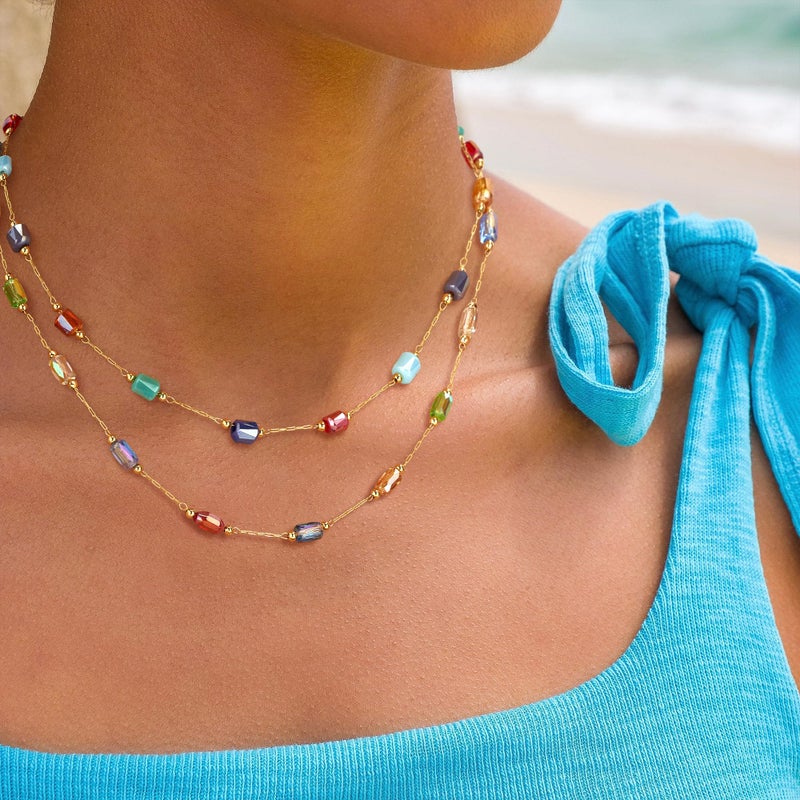 MTMY Beaded Necklaces for Women 14K Gold Plated Dainty Colorful Green/Rose Beaded Pearl Choker Necklace Delicate Boho Choker Necklace Jewelry Gift (mixed color cuboid) - Image 3
