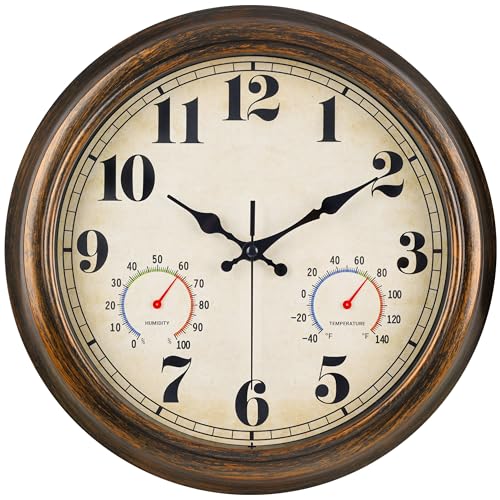 45MinST 13-Inch Vintage Outdoor Wall Clock with Thermometer and Hygrometer, Waterproof, Large Numbers, Silent, for Indoor and Outside Use,Porch,Garden,Pool(Bronze) - Image 1