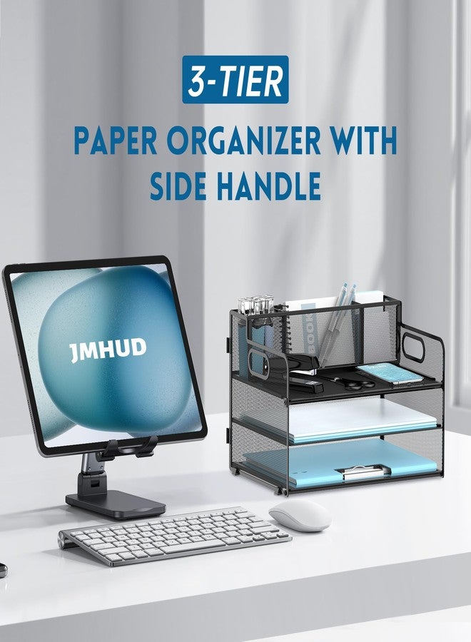 JMHUD 3 Tier Desk File Organizer with Pen Holder, Mesh Paper Tray File Organizer for Desk, Fold Holder with Handle for Office, Classroom, Home, Workspace(Black) - Image 2