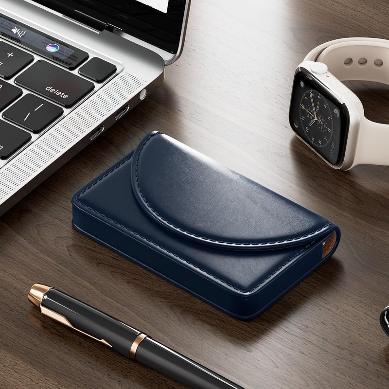 MaxGear Business Card Holder Case, PU Leather Business Card Case for Purse, Pocket Travel Name Card Holder Wallet for Men or Women, Portable Magnetic Business Card Carrier for Christmas Gift, Navy - Image 5