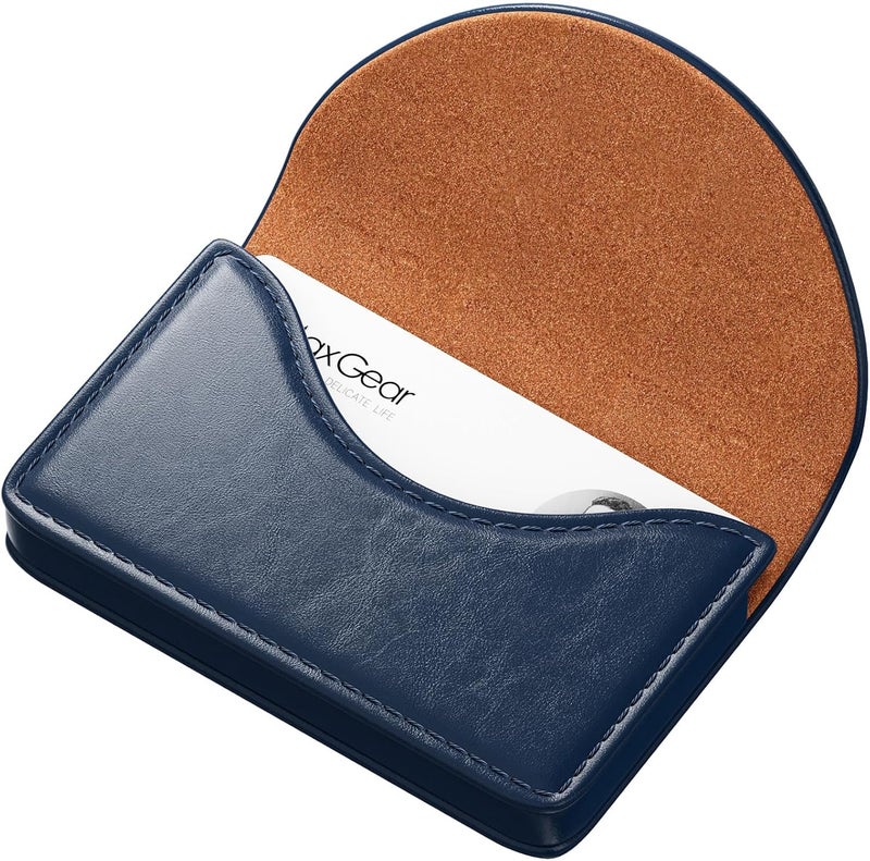 MaxGear Business Card Holder Case, PU Leather Business Card Case for Purse, Pocket Travel Name Card Holder Wallet for Men or Women, Portable Magnetic Business Card Carrier for Christmas Gift, Navy - Image 1