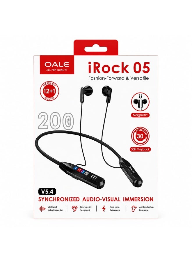 OALE iRock 05 Wireless Bluetooth Neckband Earphones V5.4, 30H Playback, Magnetic Earbuds, Black - Image 3