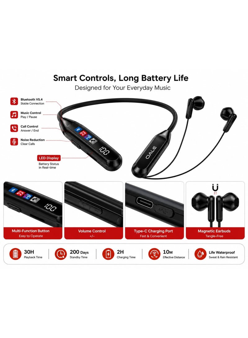 OALE iRock 05 Wireless Bluetooth Neckband Earphones V5.4, 30H Playback, Magnetic Earbuds, Black - Image 5