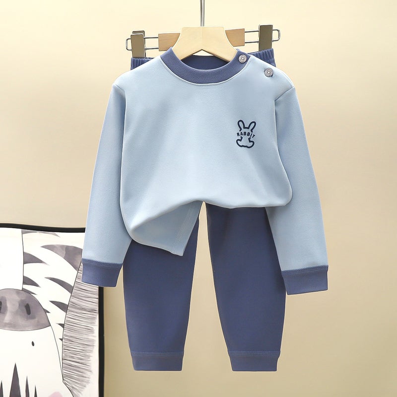 Children'S Velvet Suit Home Clothes Boys' Autumn Clothes And Long Trousers Set Medium And Large Kidsren'S Thermal Intimates Set - Image 3