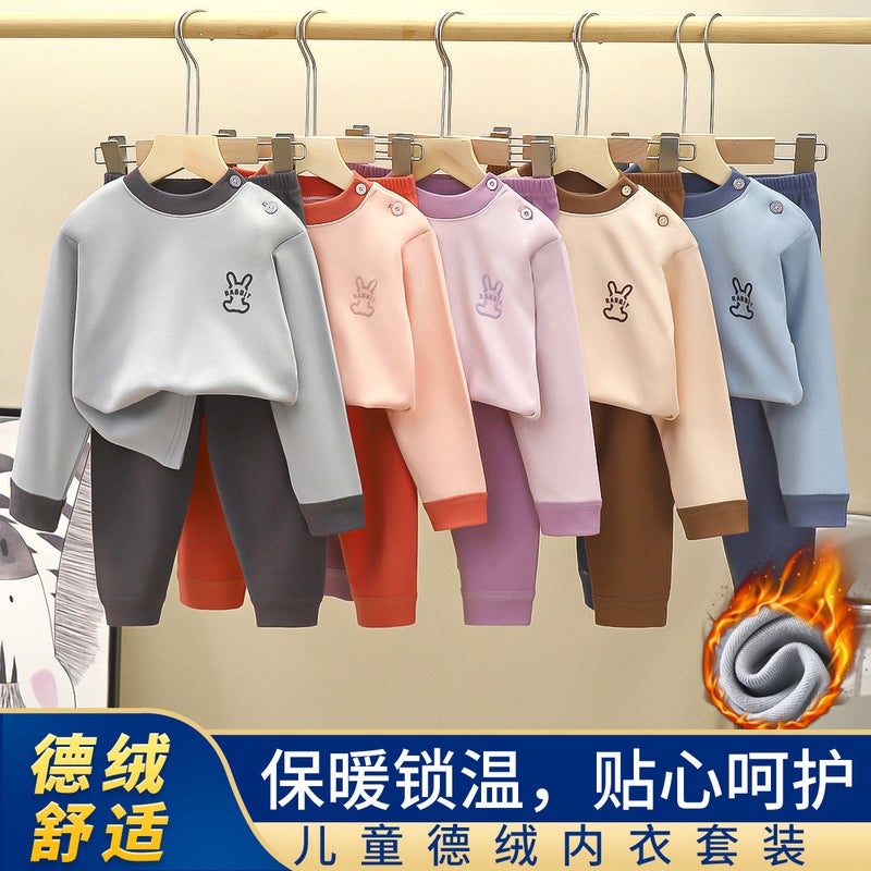 Children'S Velvet Suit Home Clothes Boys' Autumn Clothes And Long Trousers Set Medium And Large Kidsren'S Thermal Intimates Set - Image 2
