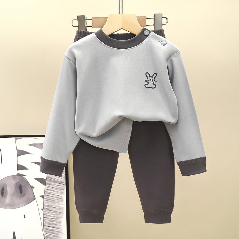 Children'S Velvet Suit Home Clothes Boys' Autumn Clothes And Long Trousers Set Medium And Large Kidsren'S Thermal Intimates Set - Image 1