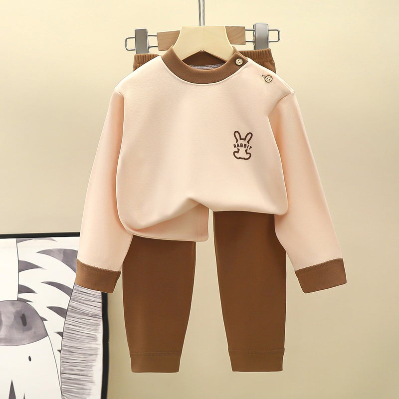 Children'S Velvet Suit Home Clothes Boys' Autumn Clothes And Long Trousers Set Medium And Large Kidsren'S Thermal Intimates Set - Image 5