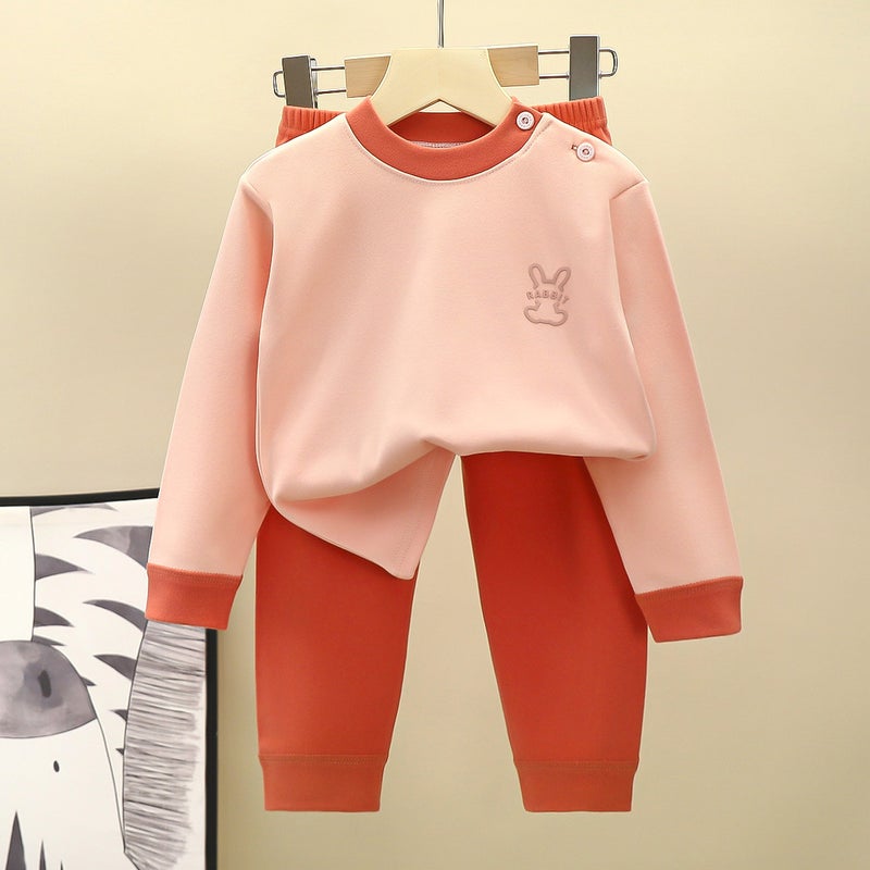 Children'S Velvet Suit Home Clothes Boys' Autumn Clothes And Long Trousers Set Medium And Large Kidsren'S Thermal Intimates Set - Image 4