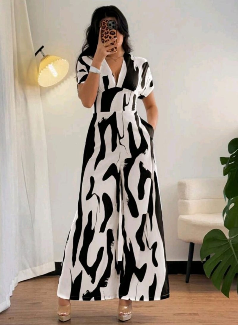 Shein Women's Asymmetrical Black & White Print V-Neck Casual Vacation Elegant Fashionable Versatile Wide Leg Pants Jumpsuit , Spring/Summer - Image 1